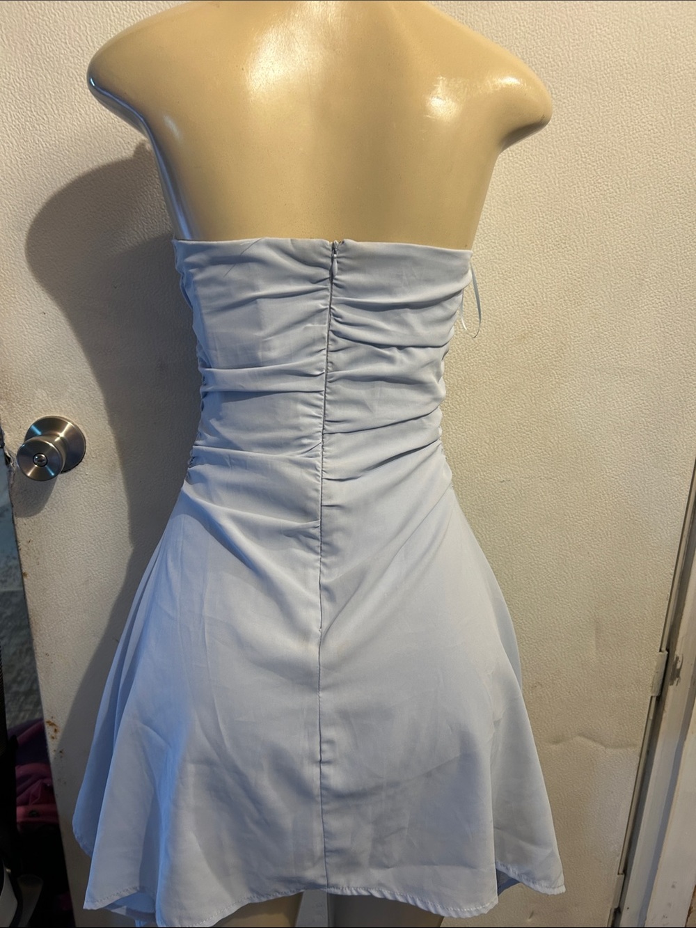Strapless Light Blue Ruched Mini Dress - Picture 10 of 11